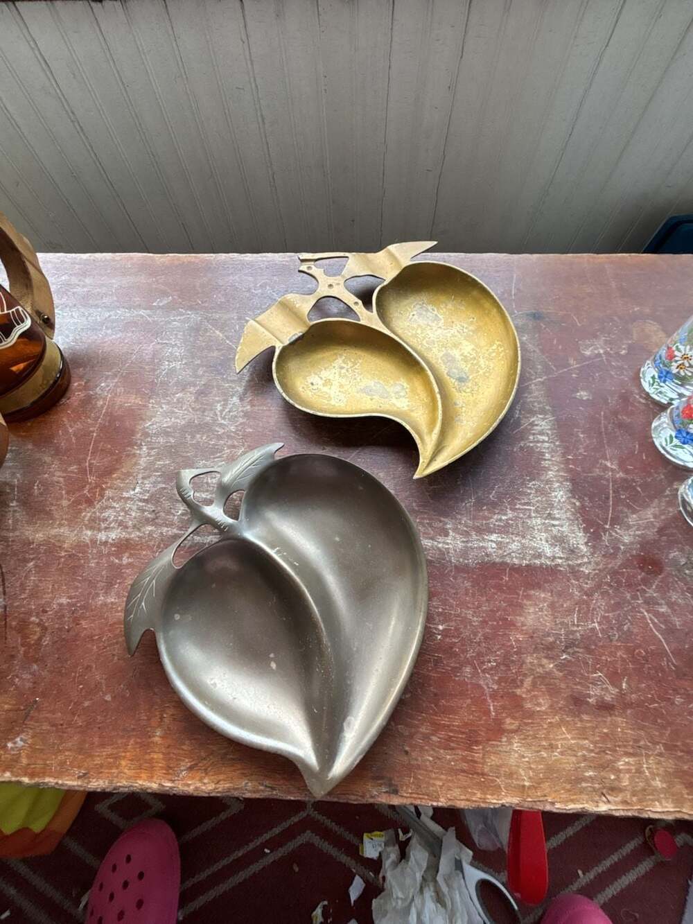 Set of Vintage Brass Peach Shaped Divided Dish Ashtray Trinket